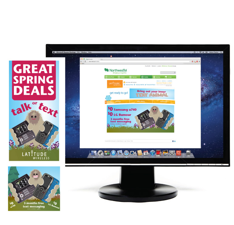 Web banners and website graphics for a spring campain that incorporate Barry the Latitude Wireless mascot